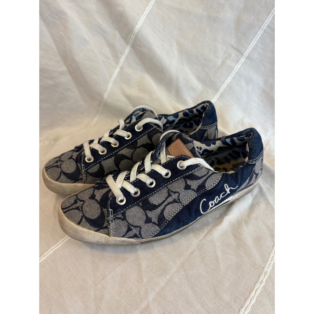 Coach Signature C Monogram Denim Low Top Sneakers Blue Grey Leopard Lining
